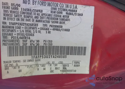 2000 Ford Taurus Se из США, поврежденный, VIN 1FAFP53U2YA248585